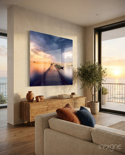 Sunset jetty and boats glass wall art print