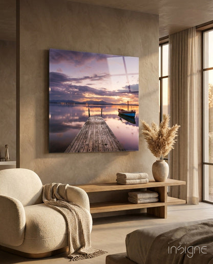 Purple dusk boat dock glass wall art