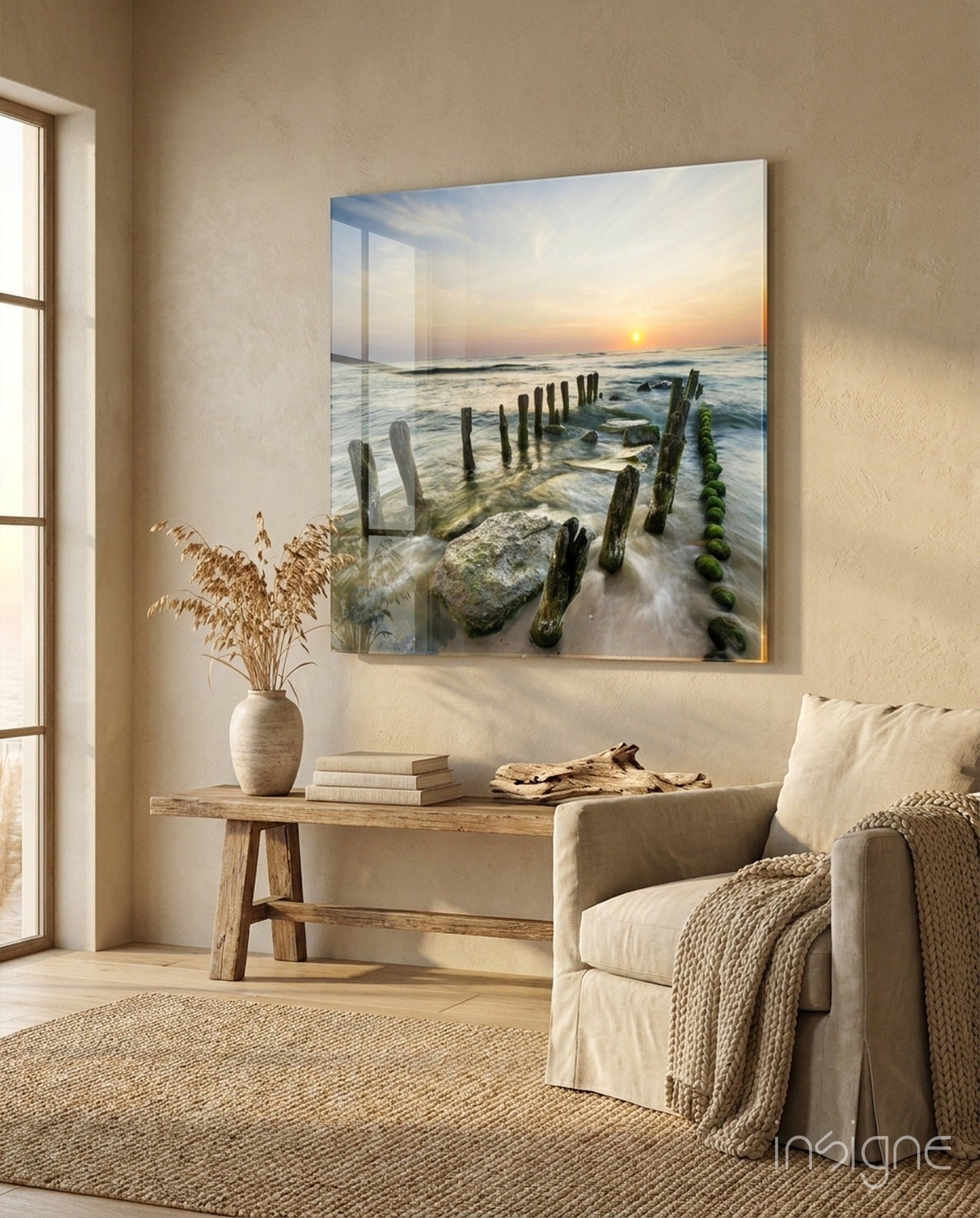 Mossy Sea Groynes Dock Glass Wall Art coastal print