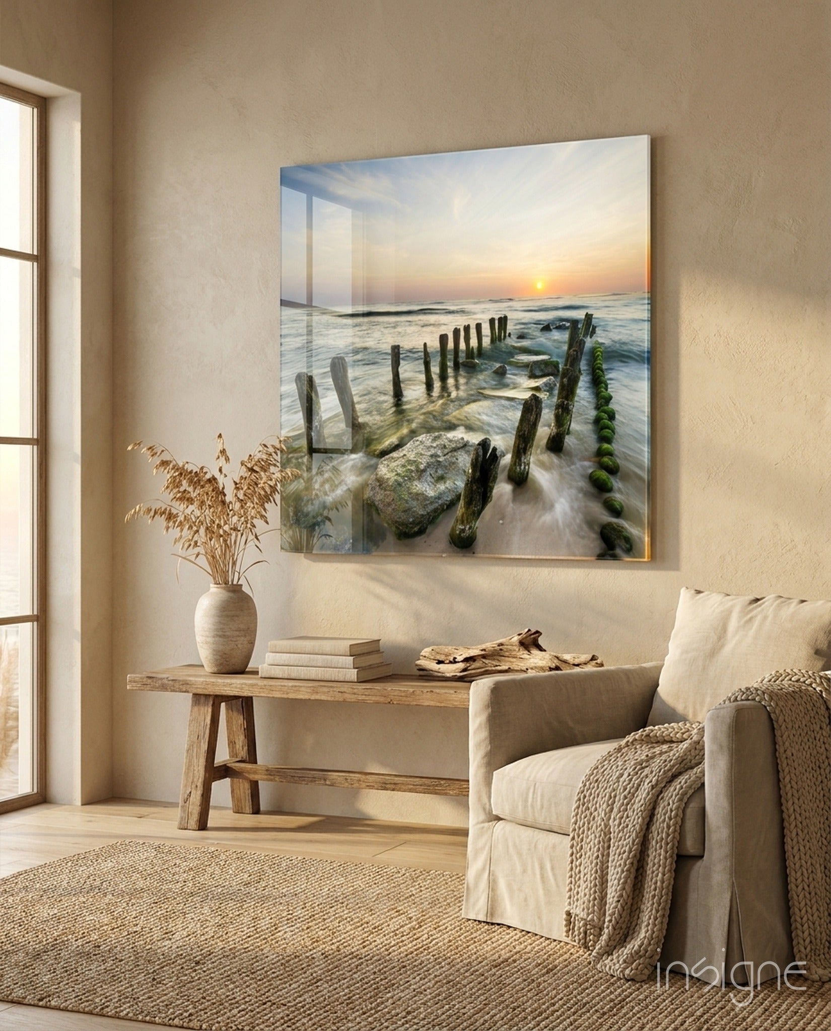 Mossy Sea Groynes Dock Glass Wall Art coastal print