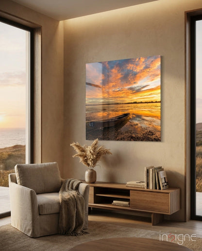 Sunset glass wall art in warm glowing tones, square format