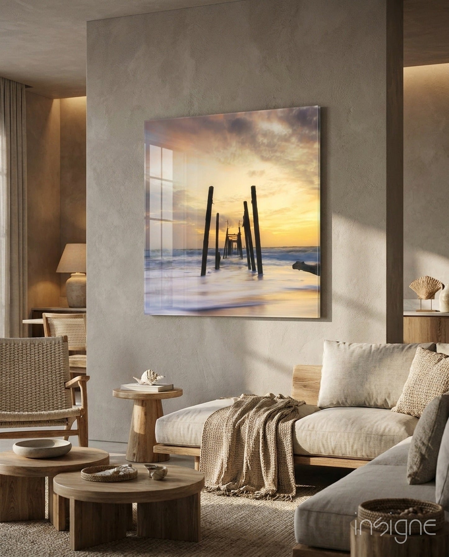Golden ruined pier dock glass wall art