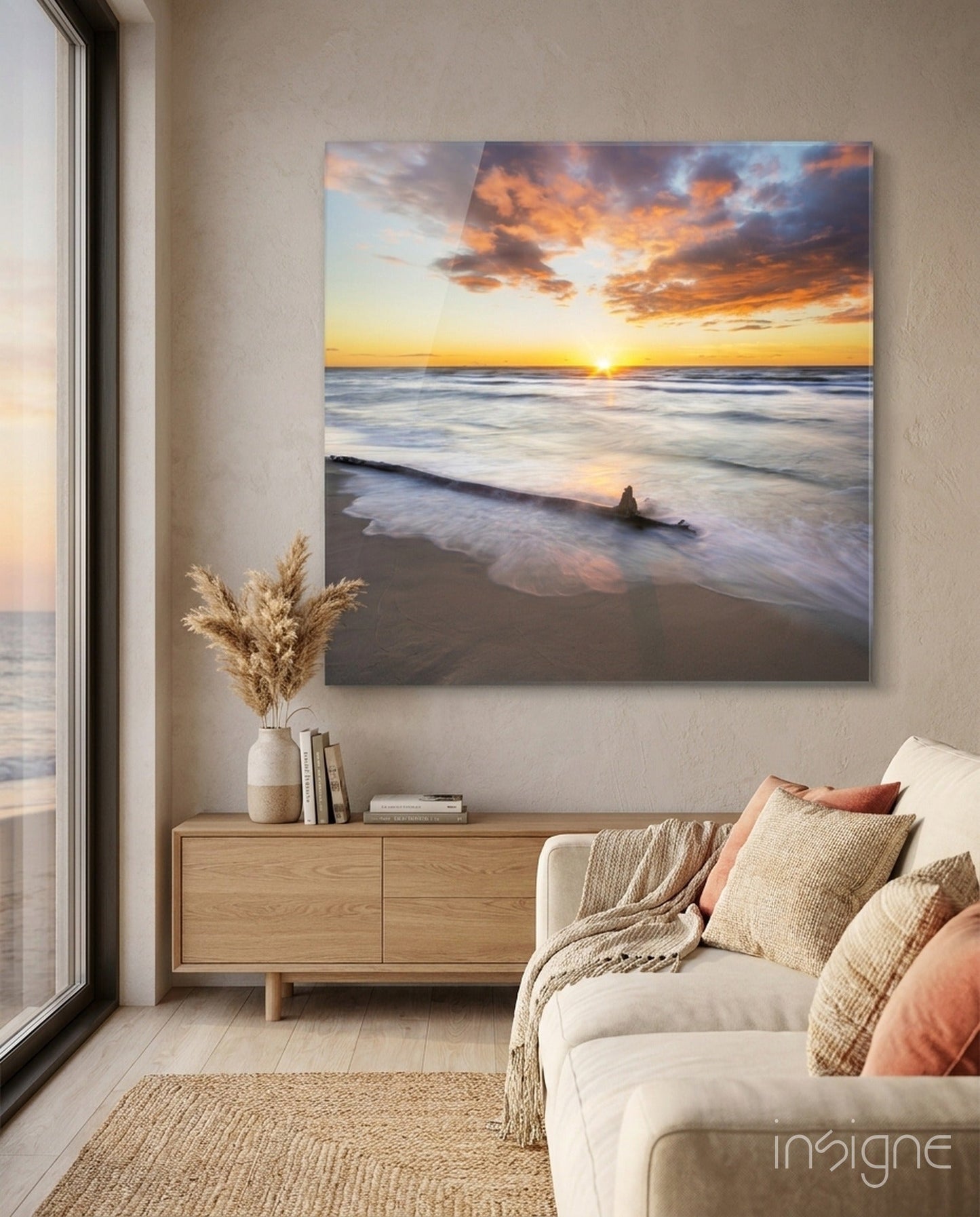 Sunset glass wall art with warm glowing palette