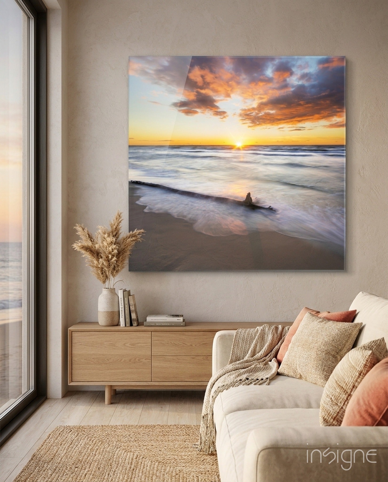 Sunset glass wall art with warm glowing palette