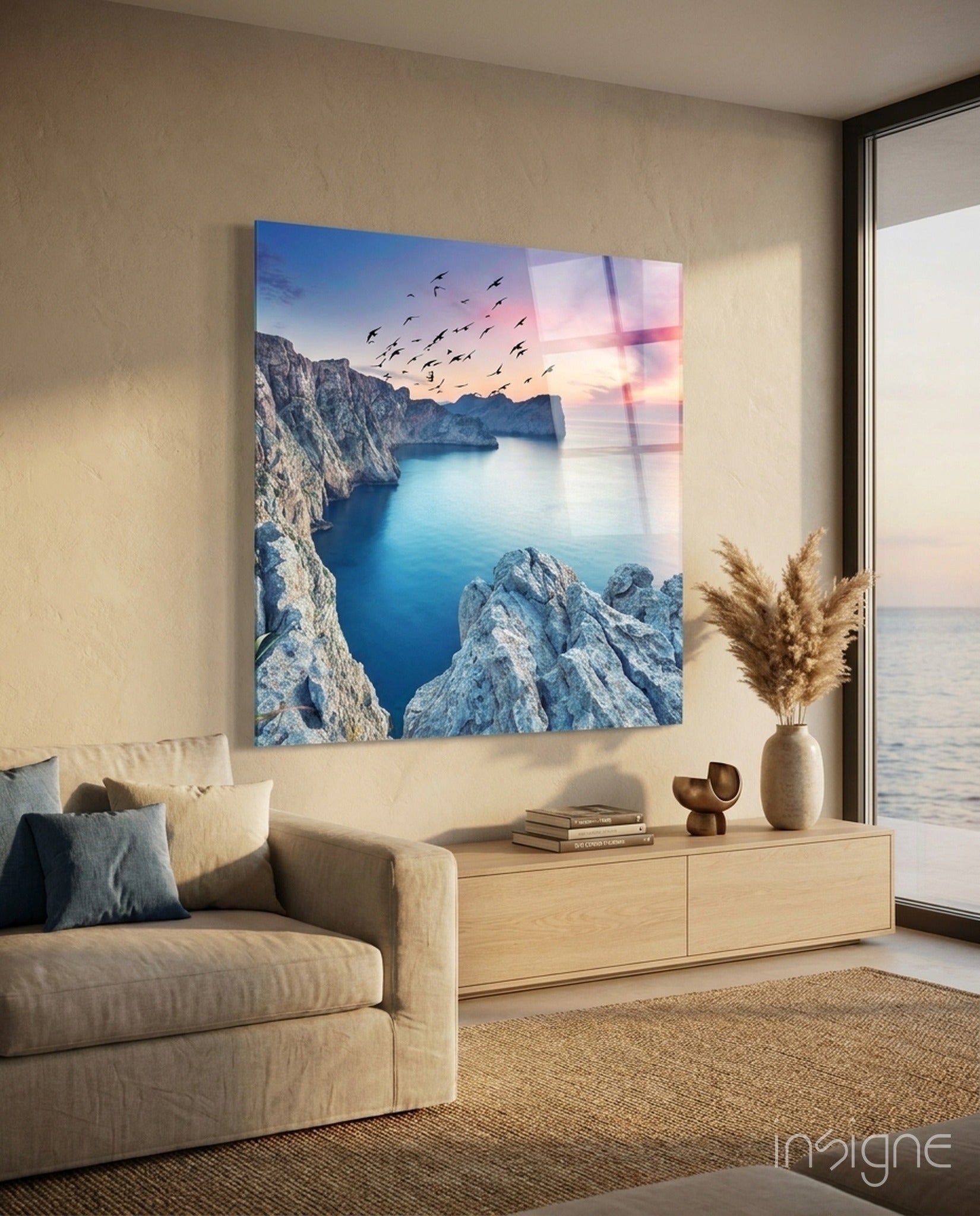 Rocky cove sunset glass wall art with flying birds silhouette