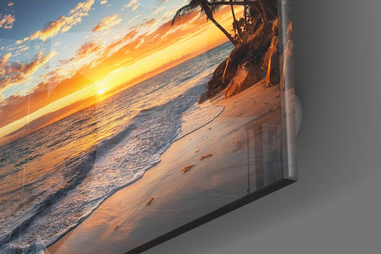 Glossy edge close-up of the palm tree cove glass wall art showing waves and palms