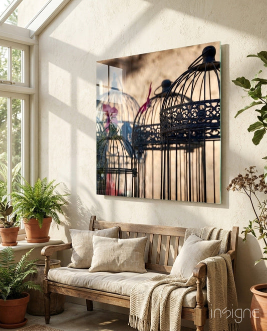 Bird cage glass wall art - decorative bird cage print on tempered glass, high-gloss finish