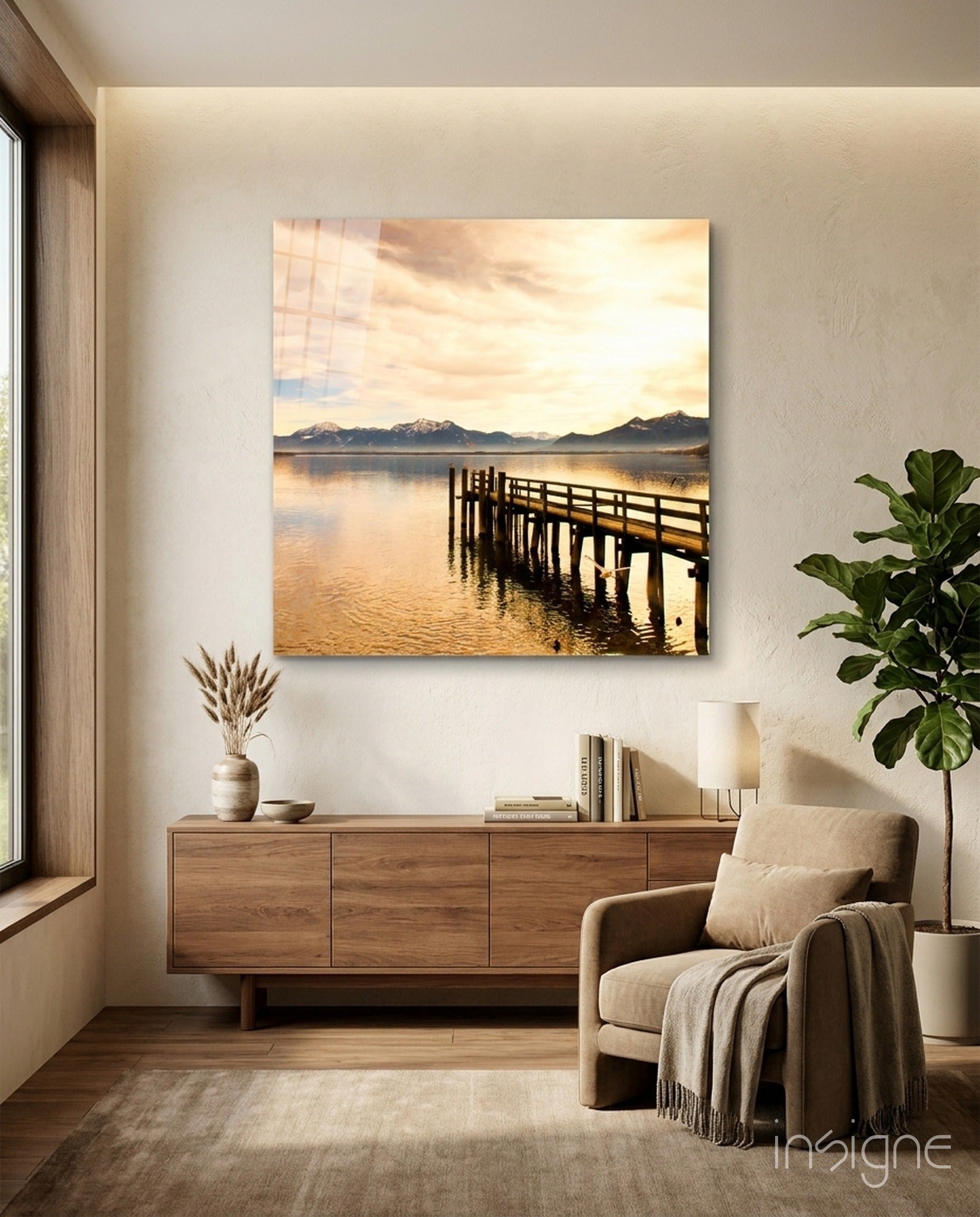 Golden mountain lake dock glass wall art