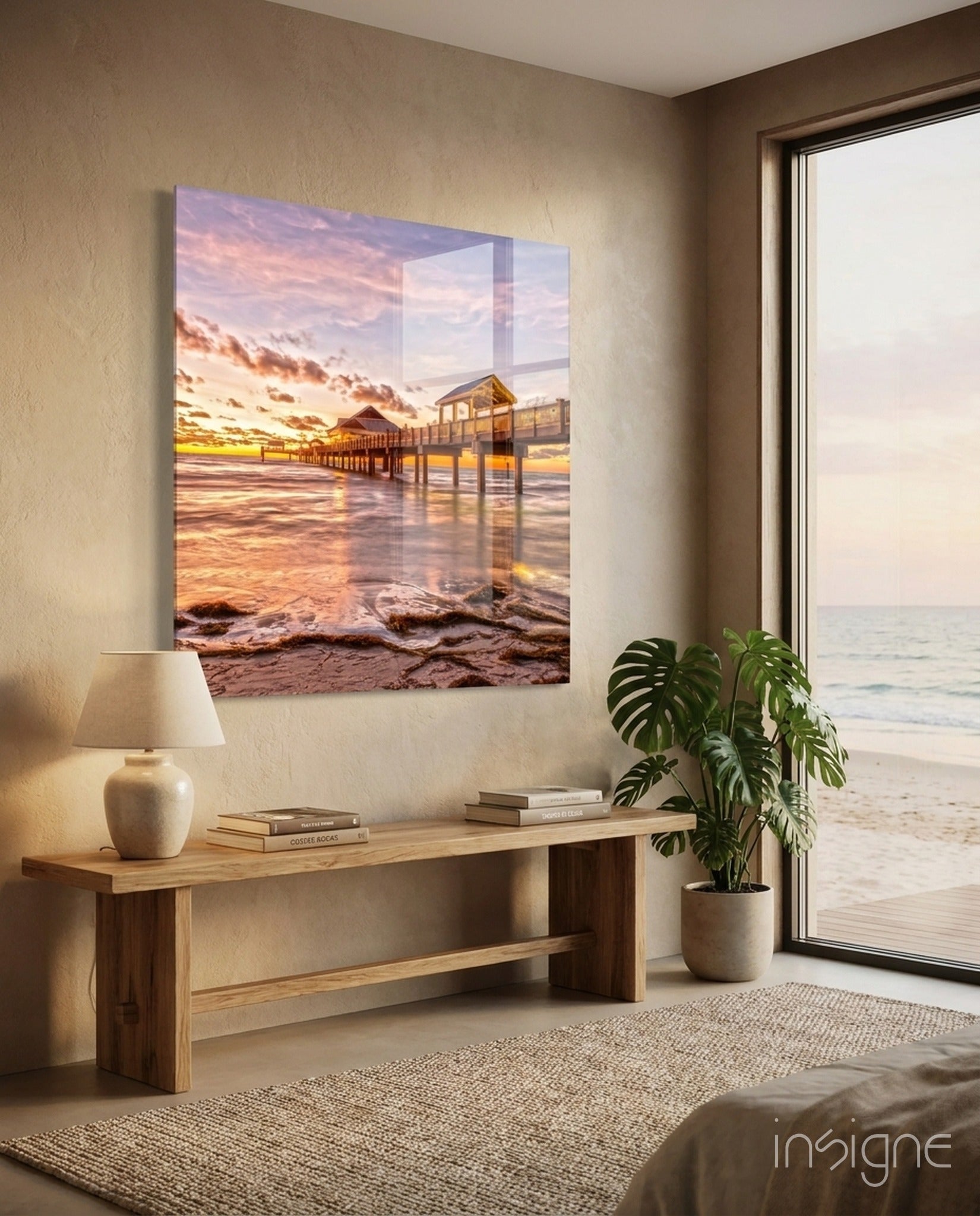 Pink sunset pavilion dock glass wall art