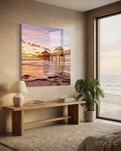 Pink sunset pavilion dock glass wall art