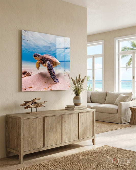 Sea turtle swimming through ocean water, high-gloss tempered glass wall art