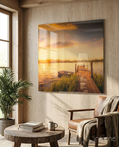 Rowboat and Reeds Dock glass wall art print in high-gloss tempered glass