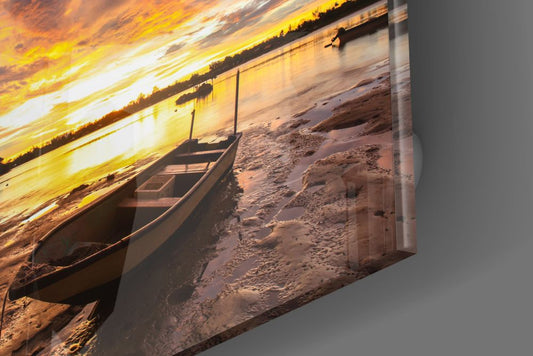 Glossy edge close-up of the rowboat lake sunset glass wall art showing the boat hull