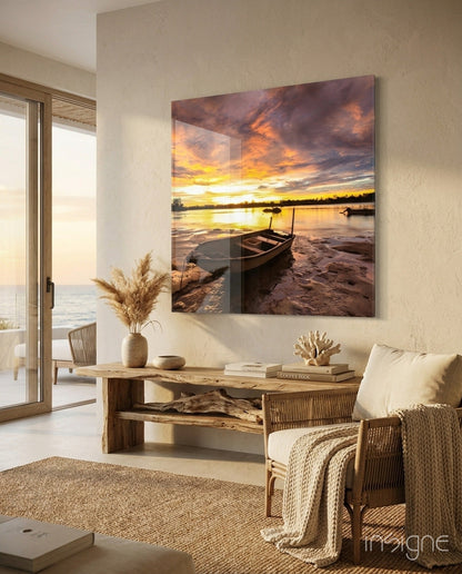 Classic boat glass wall art behind tempered glass