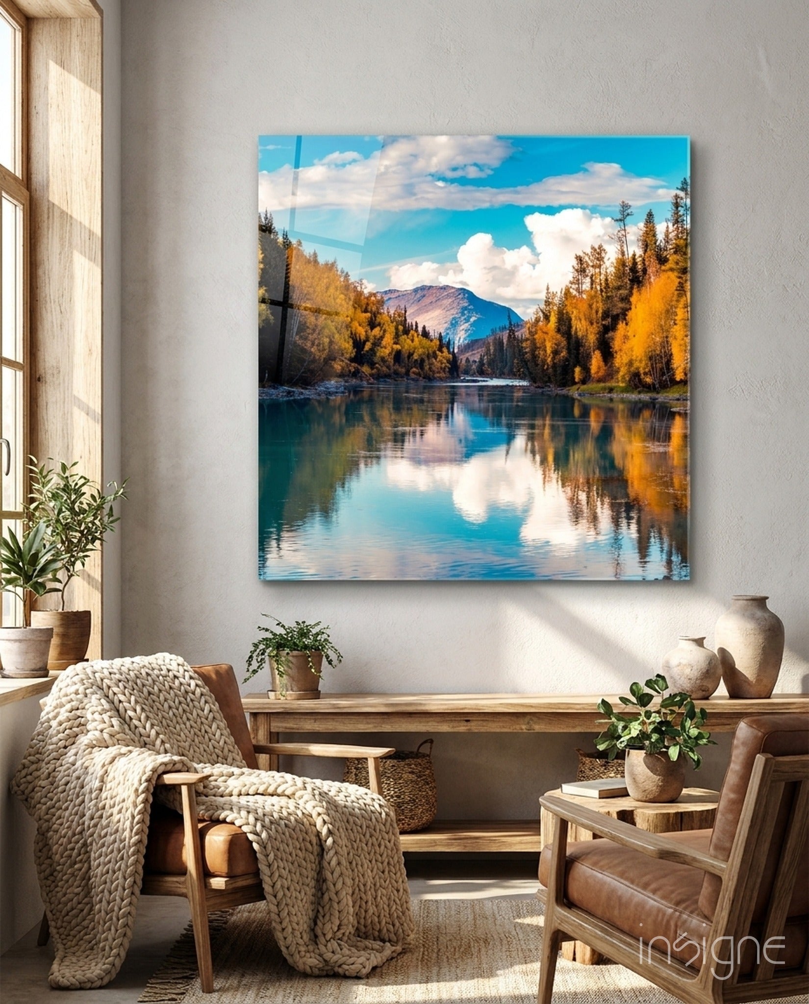 Turquoise autumn river valley glass wall art