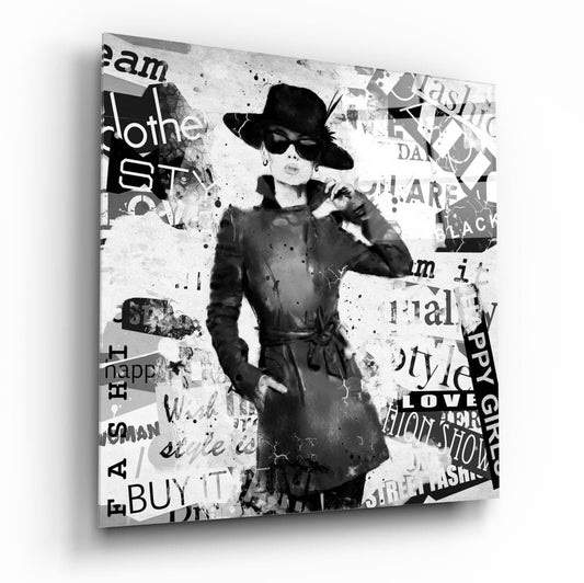 Ink-wash woman in a black hat and sunglasses over a newspaper word collage, tempered glass wall art on white