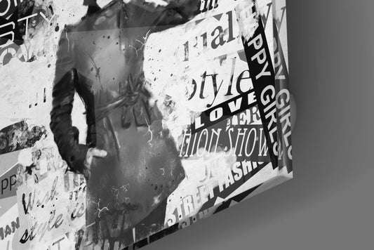 Close-up of the glossy tempered glass edge of the fashion collage glass wall art
