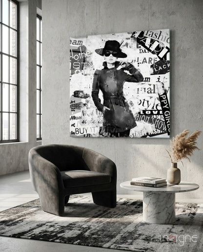 Newspaper collage hat woman glass wall art