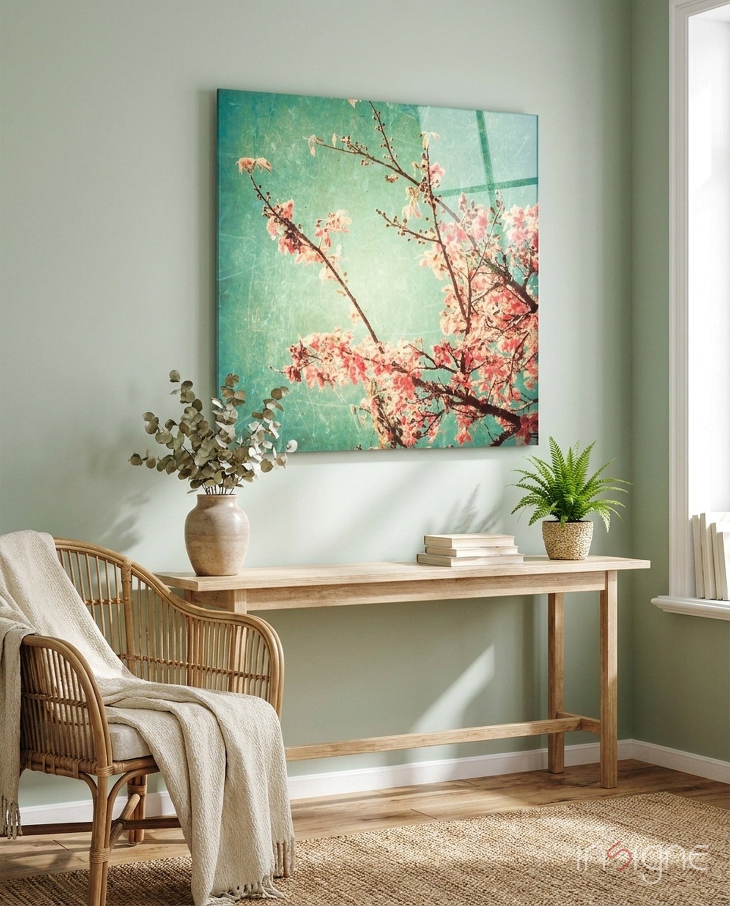 Cherry Blossom floral glass wall art for bedroom or living room
