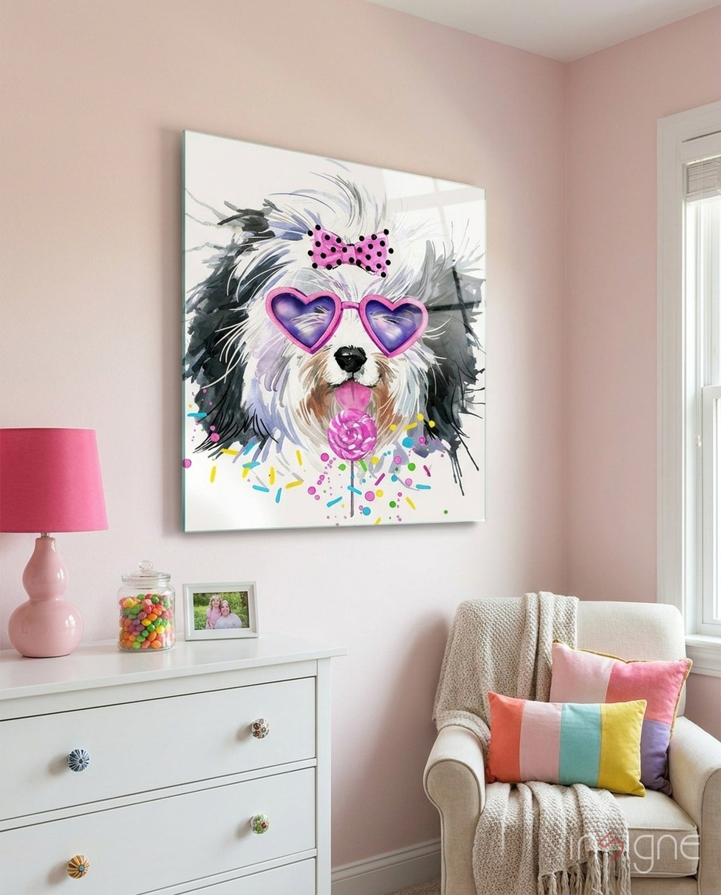 Cute dog glass wall art, adorable gentle dog portrait on high-gloss tempered glass