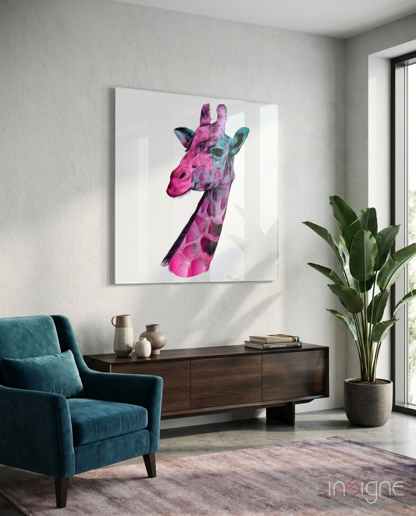 Pink teal giraffe profile glass wall art