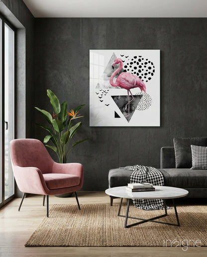 Pink Flamingo Geometric Glass Wall Art