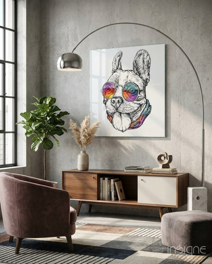 Dog glass wall art, lively dog portrait on high-gloss tempered glass
