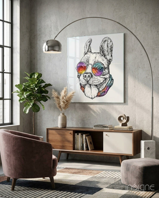 Dog glass wall art, lively dog portrait on high-gloss tempered glass