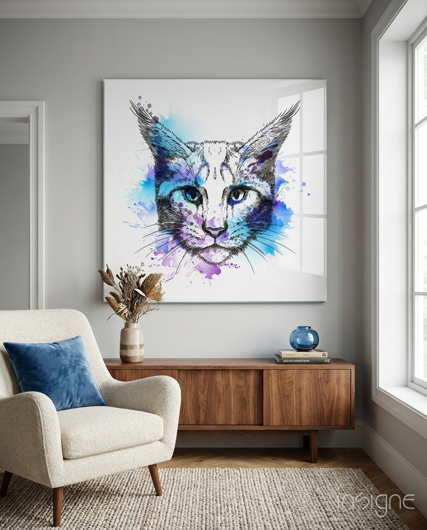 Modern feline cat portrait printed on glass wall art