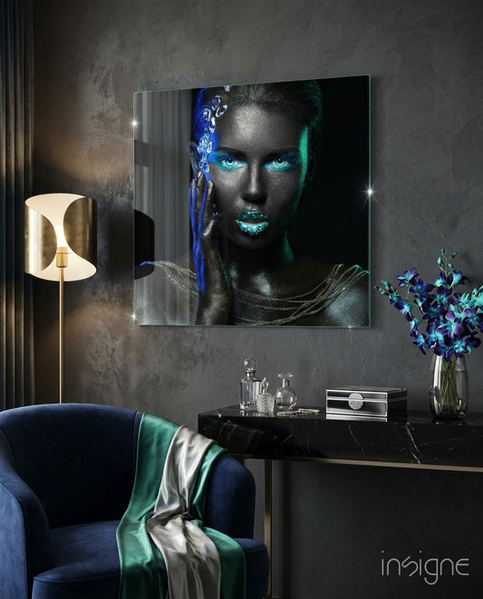 Woman Square Glass Wall Art - expressive portrait, square format