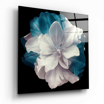 White Teal Tulip Floral Glass Art
