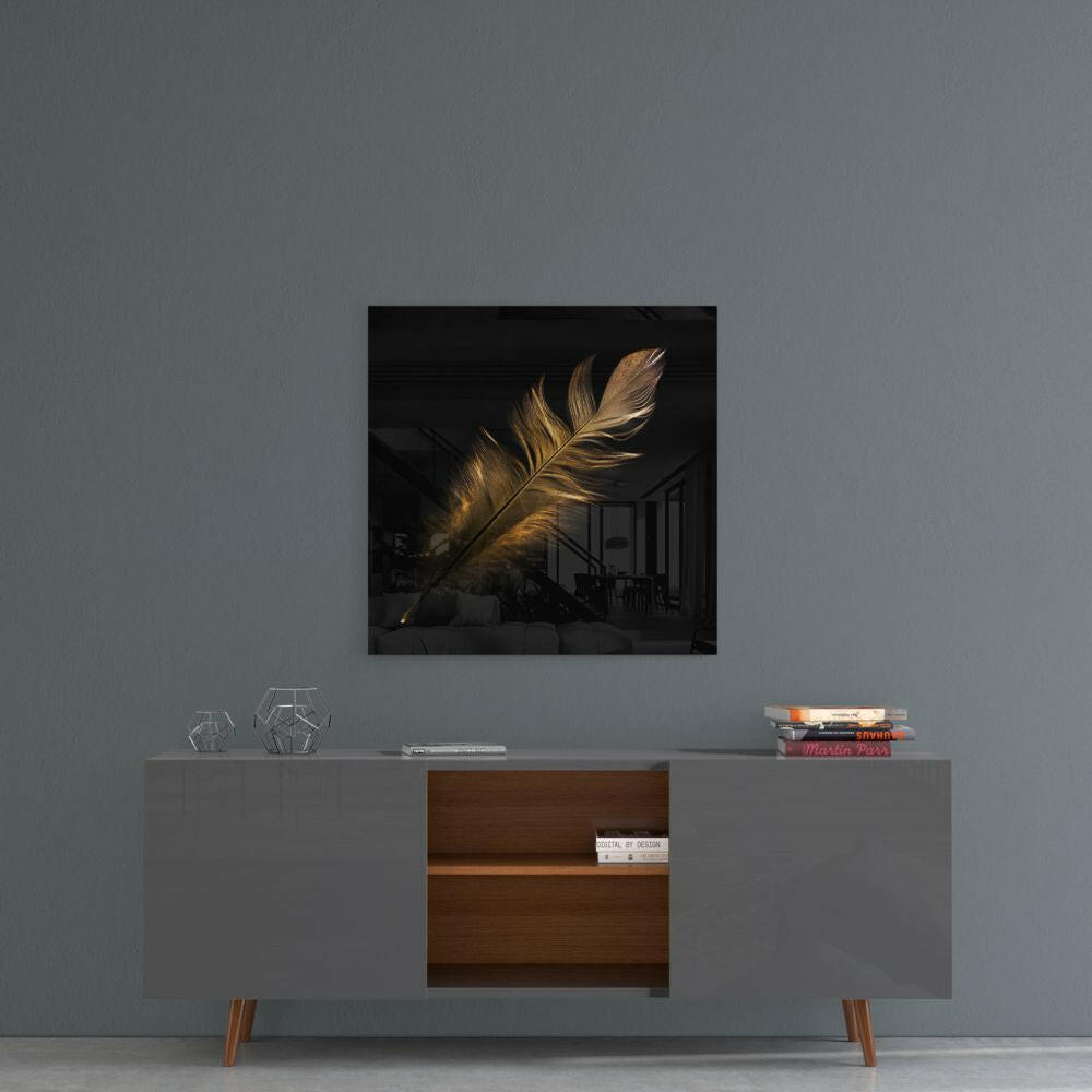 Golden Backlit Feather Glass Wall Art