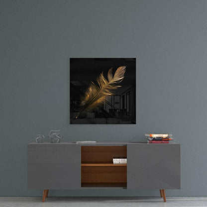 Golden Backlit Feather Glass Wall Art