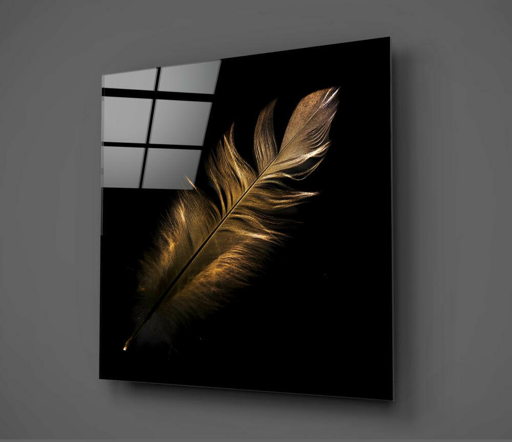 Golden Backlit Feather Glass Wall Art