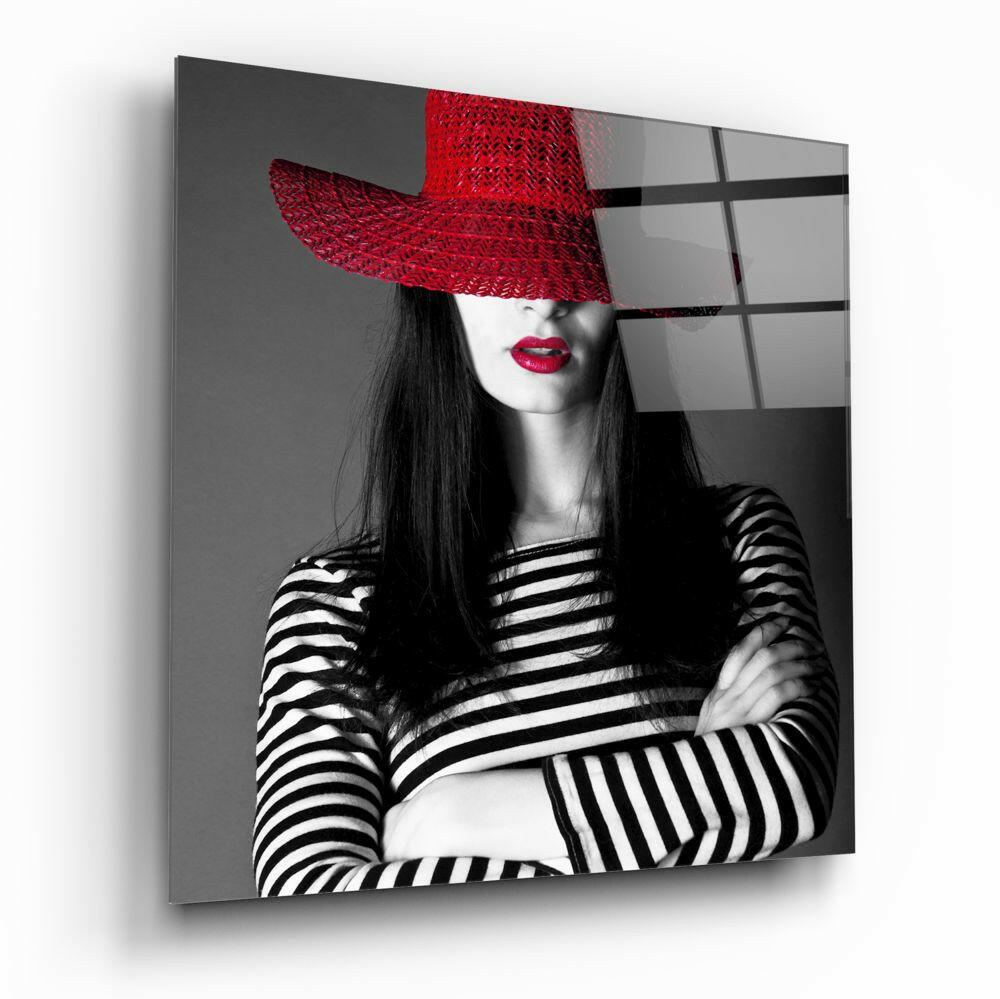 Woman in Red Hat glass wall art, red gown editorial