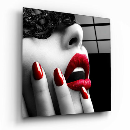Red Lipstick Woman Glass Wall Art - stylized fashion print on tempered glass