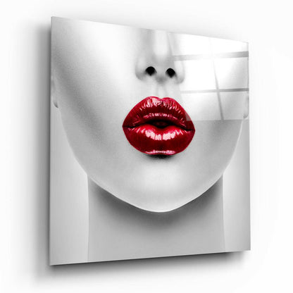 Red Lipstick Woman fashion illustration glass wall art on a wall