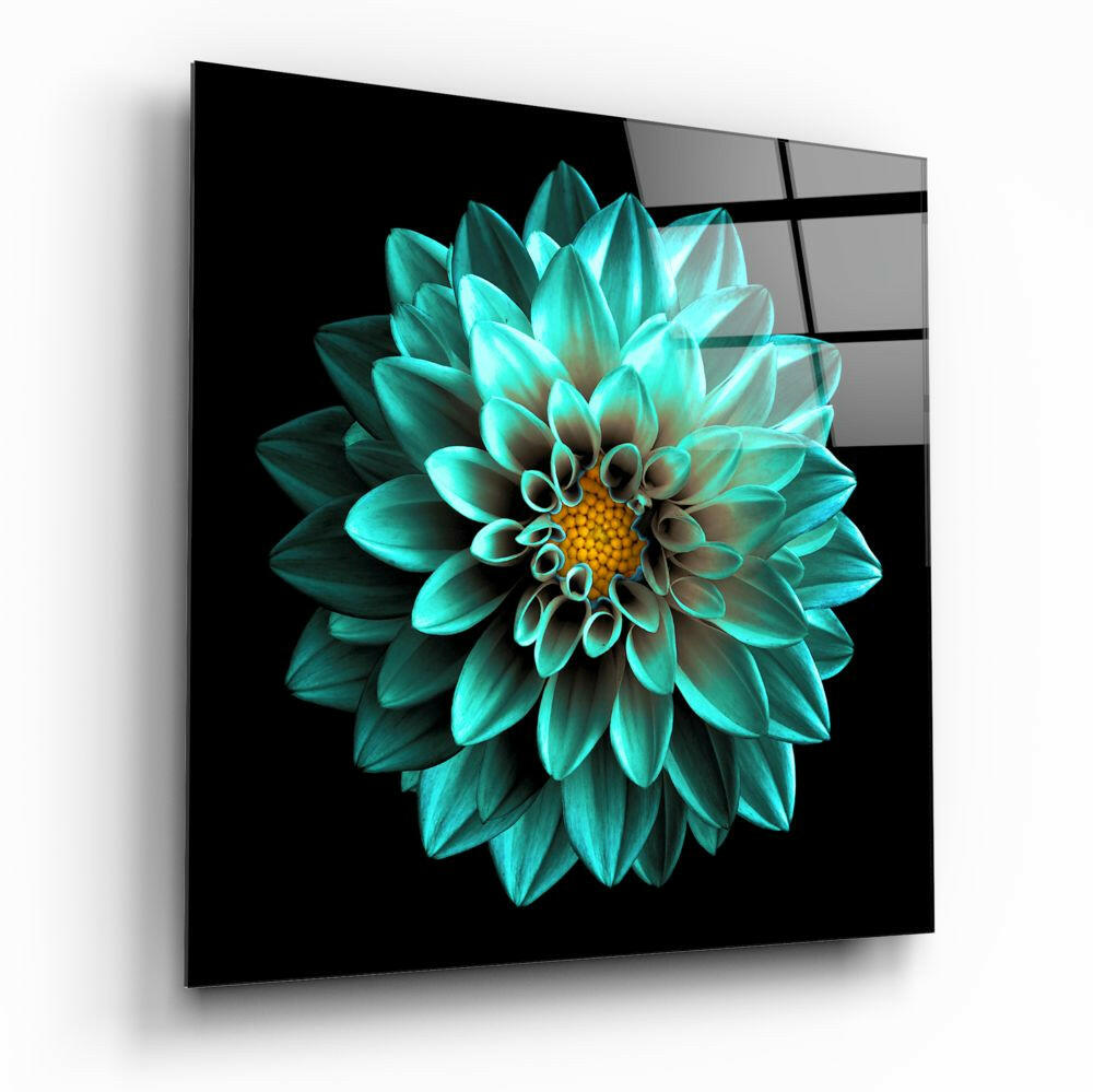 Green Flower floral glass wall art on a wall