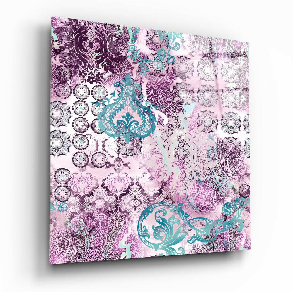 Purple Damask Glass Wall Art - decorative pattern on tempered glass