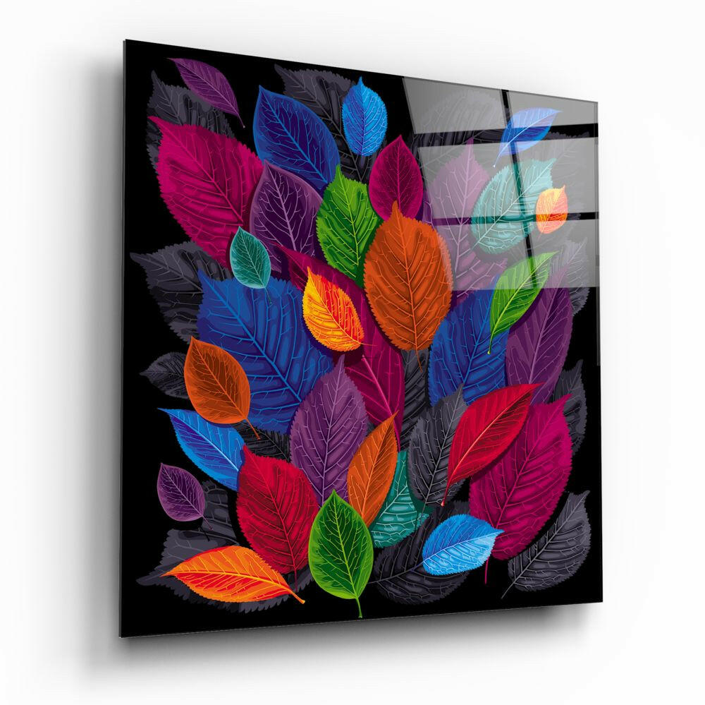 Colorful Leaves botanical glass wall art on a wall