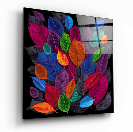 Colorful Leaves botanical glass wall art on a wall