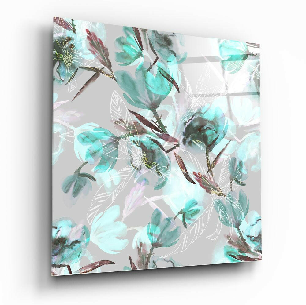 Green Flower floral glass wall art on a wall