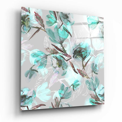 Green Flower floral glass wall art on a wall