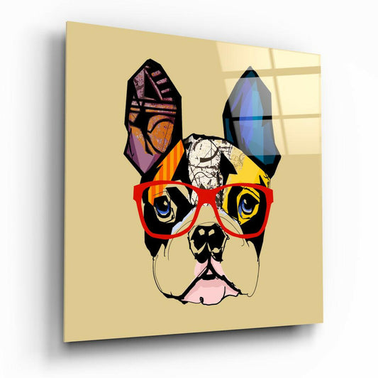 Bulldog glass wall art, bold bulldog portrait on high-gloss tempered glass