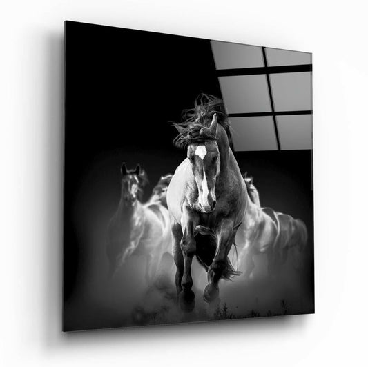 Single running horse mid-stride, equestrian glass wall art on high-gloss tempered glass