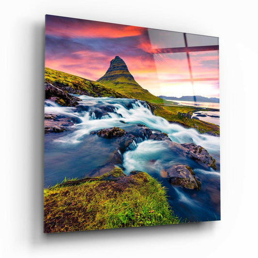 Mountain river valley landscape on glass wall art