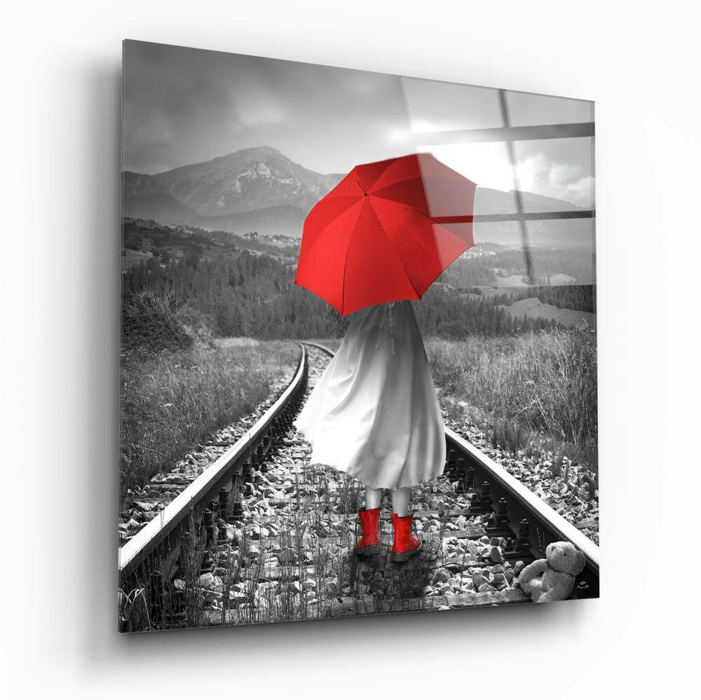 Girl with Red Umbrella Glass Wall Art - figurative silhouette tempered glass