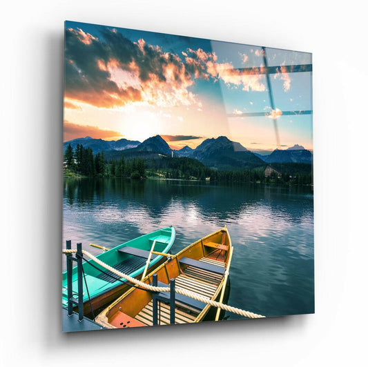 Lake reflecting mountains landscape on glass wall art