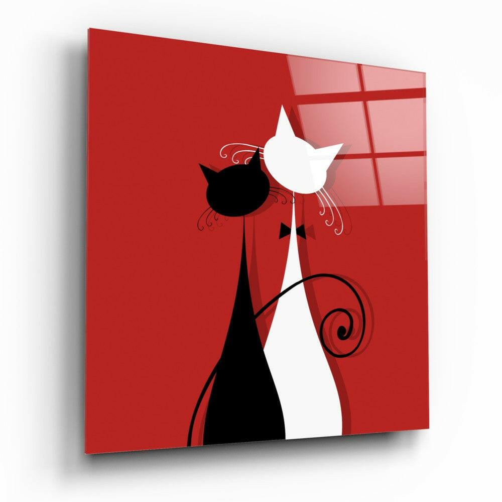 Cats glass wall art featuring charming feline design on glossy tempered glass