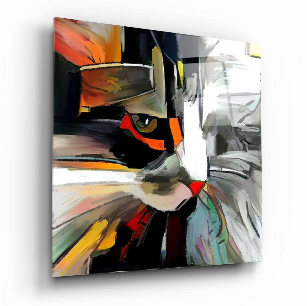 Abstract cat glass wall art with bold brush strokes in orange, black, and white